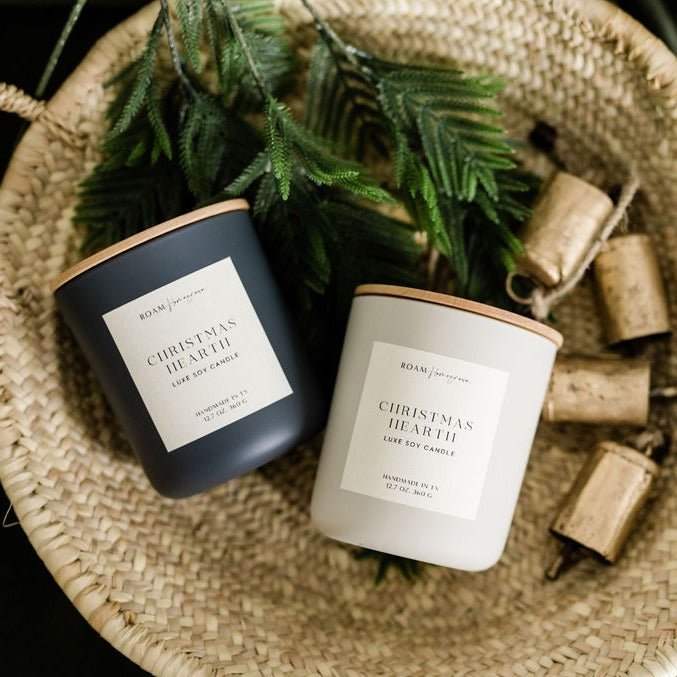 Christmas Hearth Soy Candle, 12.7 oz, Matte Glass with Wood Lid - ROAMHomegrownWholesale
