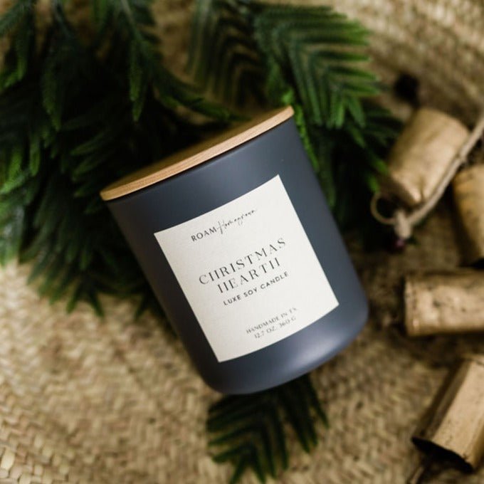 Christmas Hearth Soy Candle, 12.7 oz, Matte Glass with Wood Lid - ROAMHomegrownWholesale