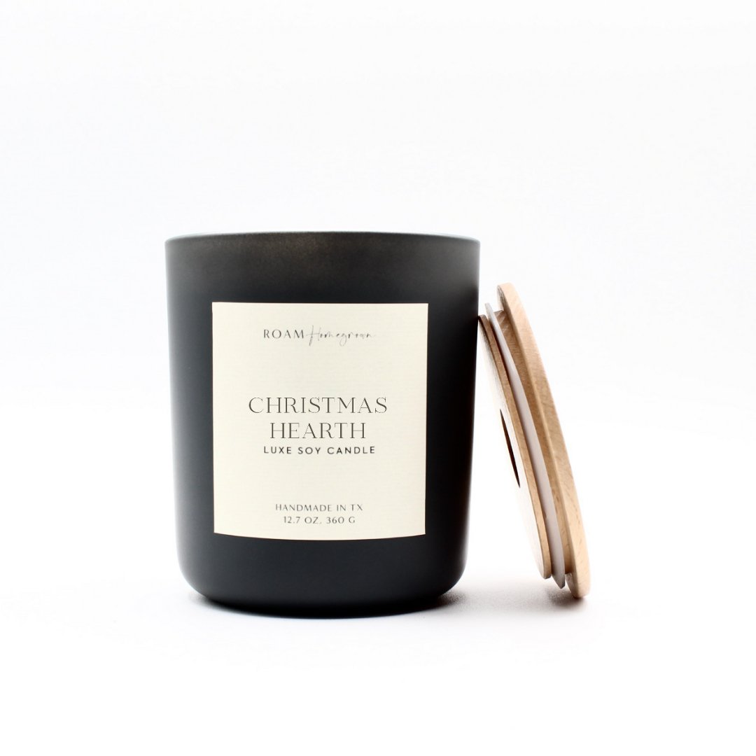 Christmas Hearth Soy Candle, 12.7 oz, Matte Glass with Wood Lid - ROAMHomegrownWholesale