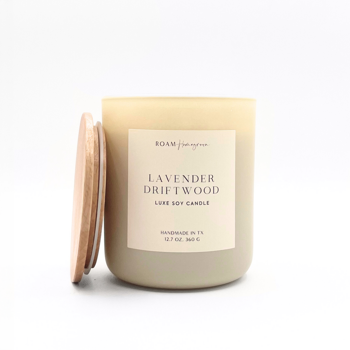 12oz Lavender Driftwood Labeled Candle in Cream (Quick Ship)