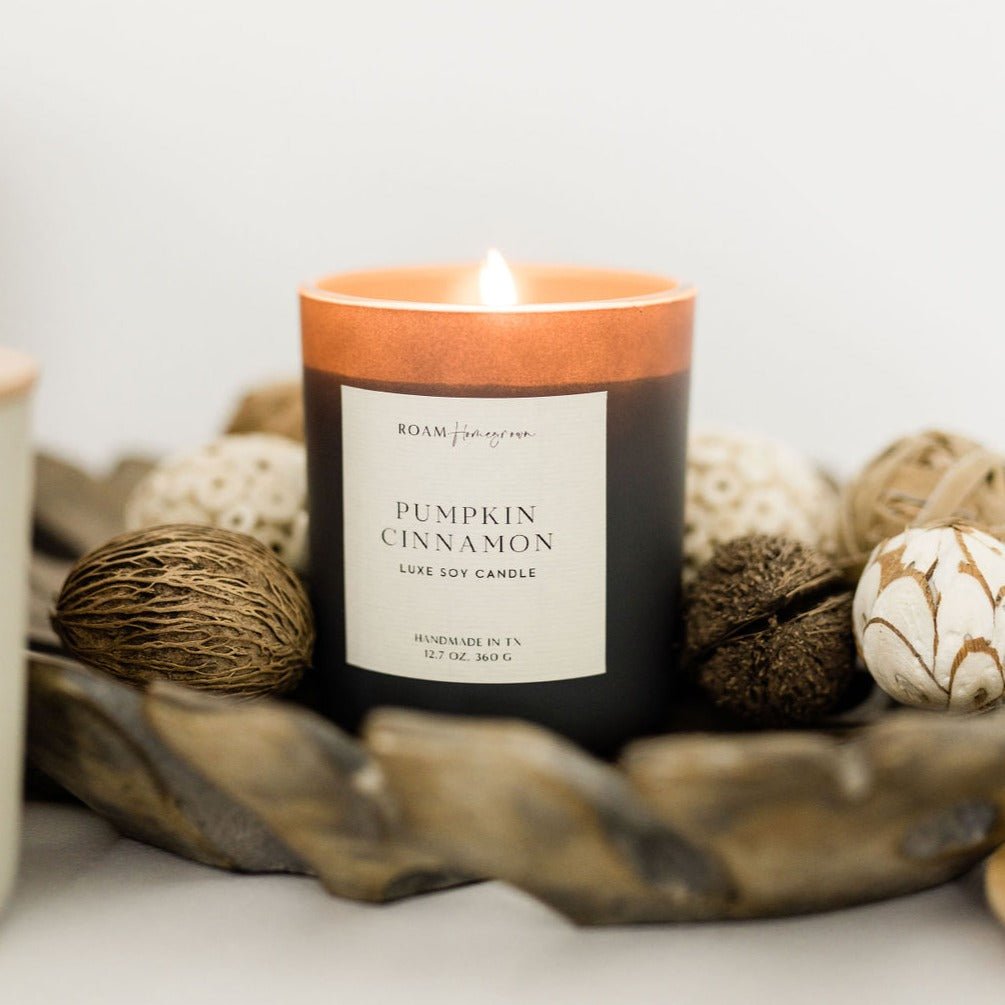 Pumpkin Cinnamon Soy Candle, 12.7 oz, Matte Glass with Wood Lid - ROAMHomegrownWholesale