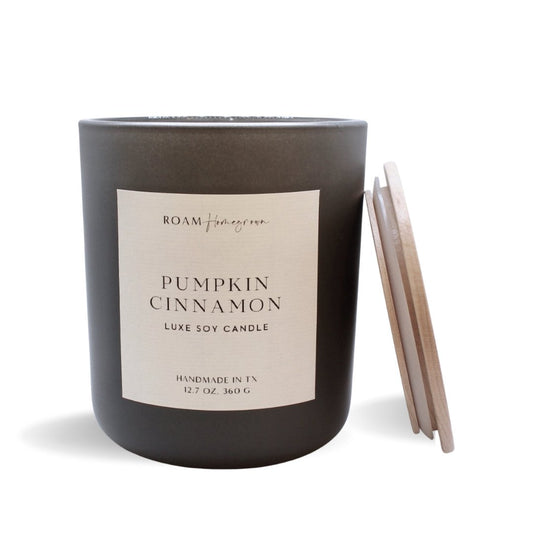 Pumpkin Cinnamon Soy Candle, 12.7 oz, Matte Glass with Wood Lid - ROAMHomegrownWholesale