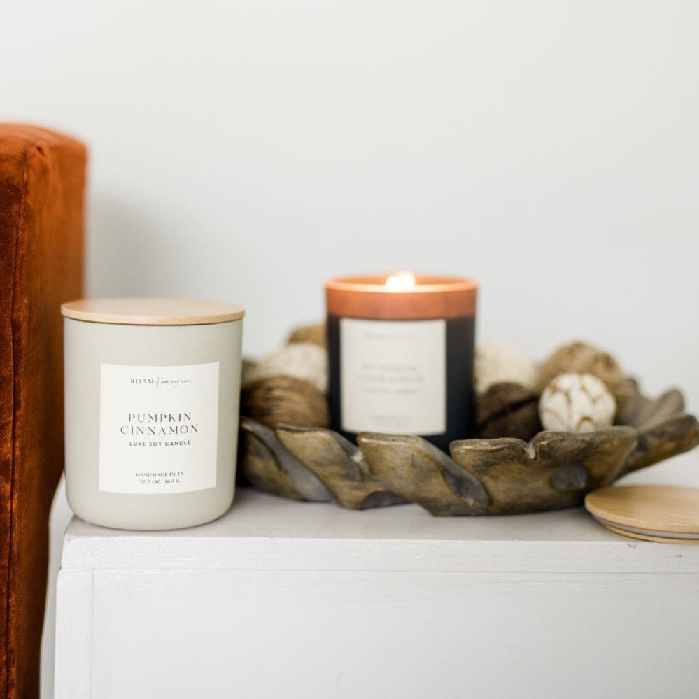 Pumpkin Cinnamon Soy Candle, 12.7 oz, Matte Glass with Wood Lid - ROAMHomegrownWholesale